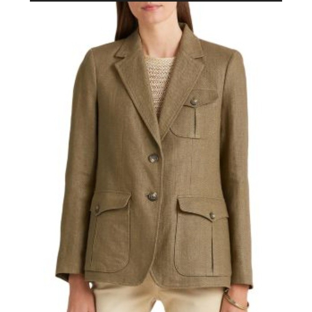 Lauren Ralph Lauren Women Green Herringbone Tweed Utility Blazer Jacket Size 2